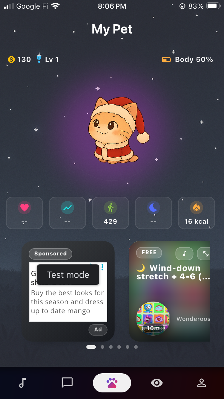 My Pet home showing pet, energy, steps, and calming cards