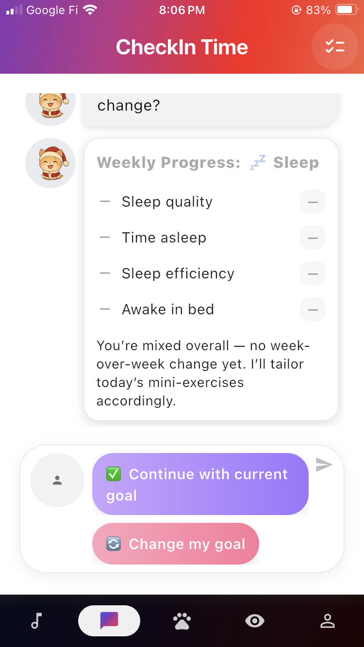Check‑in chat with weekly progress and goals
